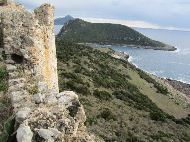 The view from the fortress overlooking Voidokilia Bay.